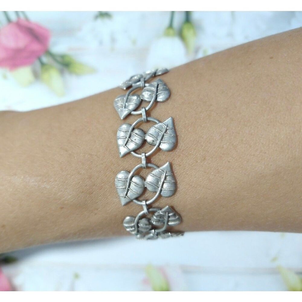 Vtg 925 Sterling Silver Leaves Link Tennis Bracelet Antique Poland Art Nouveau